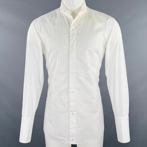 BRIONI Size M White Silver Stripe Cotton Tuxedo Formal Long Sleeve Shirt - Picture 1 of 8